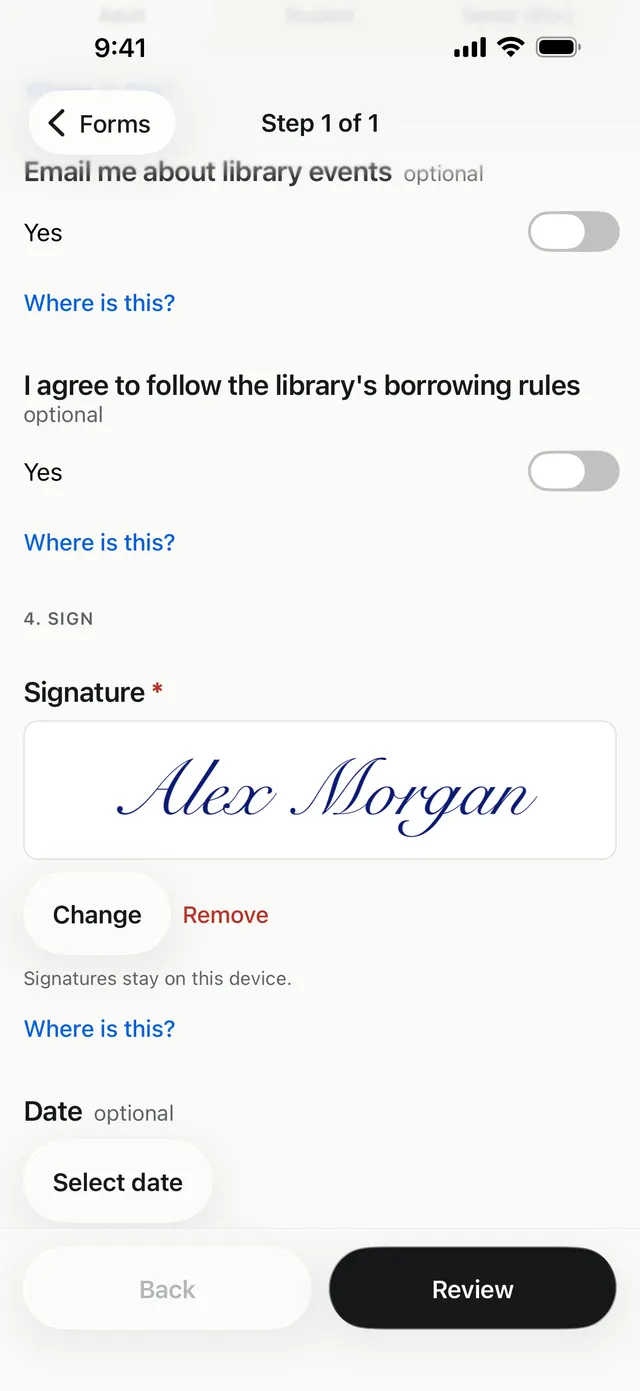 Fillstep on iPhone: a typed signature, Alex Morgan, placed in the Signature question with Change and Remove.
