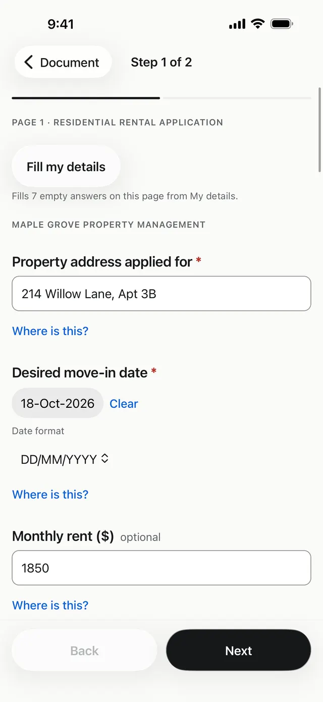 Fillstep on iPhone: a rental application as questions, with Fill my details, a property address, a move-in date and the monthly rent.